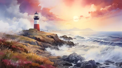 Fototapeten Lighthouse Clif Watercolor Art Print   Nature Poster   Nature Waves Wall Art   Art Decor © shusheng