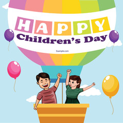 Children's Day with boy and girl on balloon and rainbow on blue sky background.
