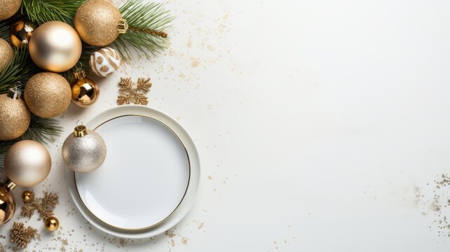 Christmas table setting on a white background with golden decor: Christmas balls, pine spruces. Christmas table mockup top view. Horizontal banking background for web. Photo AI Generated