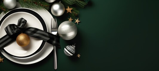 Christmas table setting with cutlery, black ribbon, silver Christmas balls mockup on dark green background. Christmas table setting. Horizontal banking background for web. Photo AI Generated