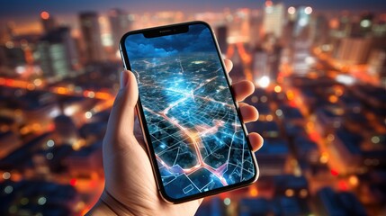 Smartphone with a city navigation map in a person’s hand against the background of a night city below. Concept of a satellite navigation system, geolocation - obrazy, fototapety, plakaty