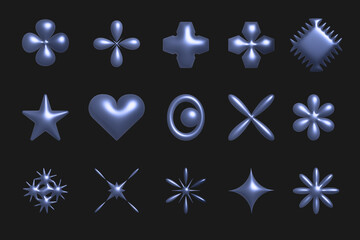 3d y2k chrome abstract figures with a shiny metallic effect. Geometric shapes, flowers, stars, heart. Fashionable gloss with a metallic sheen. Design, printing, prints, posters.