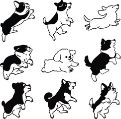 Set of hand drawn cute dogs running illustrations with only outlines