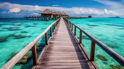 Fototapeta premium Overwater Oasis: Wooden Decking and Villas in the Indian Ocean