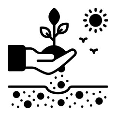 grower or horticulturist holding plant in fields concept, Sun, Birds and soil vector icon design, Outdoor Decor symbol, Farm and Plant sign, Mulching and Landscaping illustration