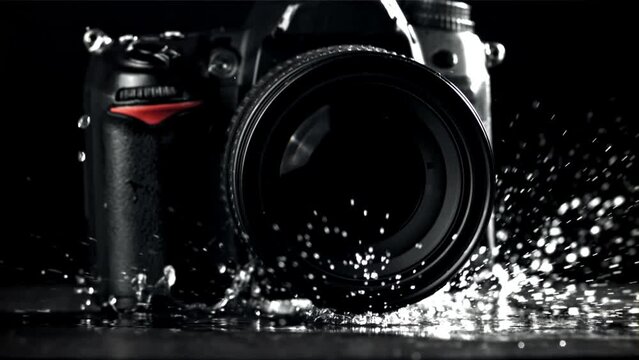 The camera falls with splashes on the wet table. Filmed on a high-speed camera at 1000 fps. High quality FullHD footage