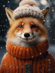 Obraz premium Fox in warm winter clothes and knitted hat.