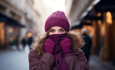 Urban Elegance: Woman in Scarf Concealing Her Face. Women in Winter in Purple Scarf Concealing Her Face.