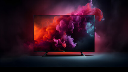A black TV set with brilliant color pictures on the screen, Dark moody color lighting, depth of field control method, realistic