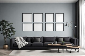 frames mockup with dark sofa in a modern living room interior 