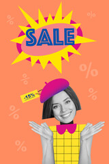 Picture collage poster of cute beautiful woman presenting sale accessories shop -15 percent isolated on painted colored background