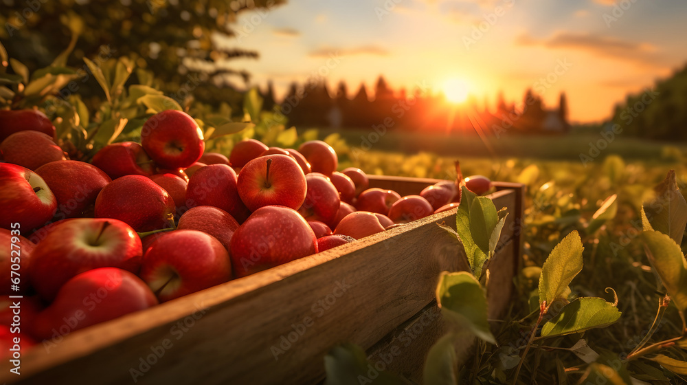 Wall mural Red apples harvested in a wooden box in apple orchard with sunset. Natural organic fruit abundance. Agriculture, healthy and natural food concept.