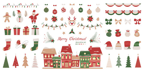 Big Christmas holiday sticker collection, set of design elements for cozy winter holidays, poster and banner designs, prints with Christmas symbols. Vector illustration.