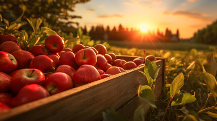 Red apples harvested in a wooden box in apple orchard with sunset. Natural organic fruit abundance. Agriculture, healthy and natural food concept.