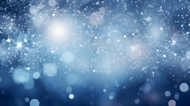 Abstract blue and golden sparkling lights with snowflakes in winter.