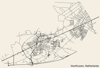 Fototapeta na wymiar Detailed hand-drawn navigational urban street roads map of the Dutch city of VOORTHUIZEN, NETHERLANDS with solid road lines and name tag on vintage background