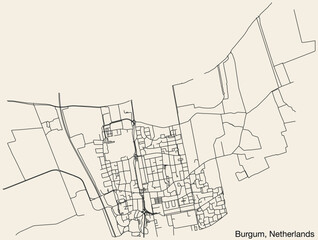 Detailed hand-drawn navigational urban street roads map of the Dutch city of BURGUM, NETHERLANDS with solid road lines and name tag on vintage background