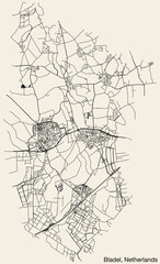 Obraz premium Detailed hand-drawn navigational urban street roads map of the Dutch city of BLADEL, NETHERLANDS with solid road lines and name tag on vintage background