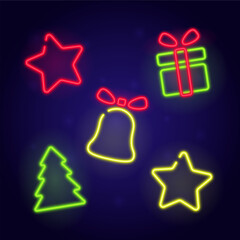  Set of neon glowing Christmas icons. Christmas banner, poster, greeting card design, background, wallpaper. Christmas symbols. Merry Christmas and Happy New Year!