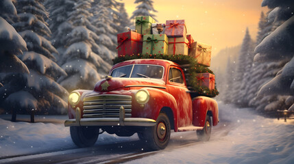 Christmas decorated car carrying gifts in a winter forest covered with snow in sunset backlight.