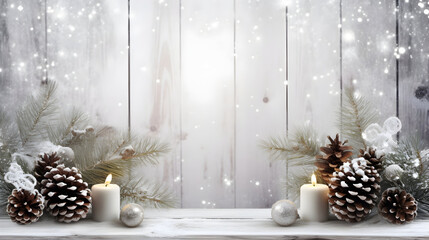 Silver Christmas candles, baubles and pine cones in a row with spruce branches covered with snow...