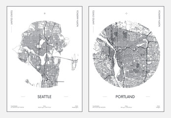 Travel poster, urban street plan city map Seattle and Portland, vector illustration