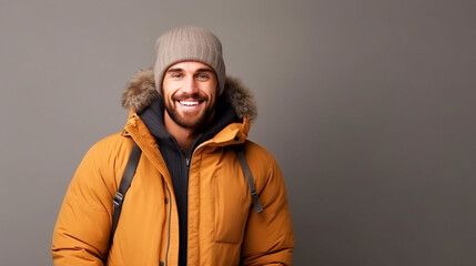 Fototapeta premium Smiling man wearing winter clothes portrait - ai generative