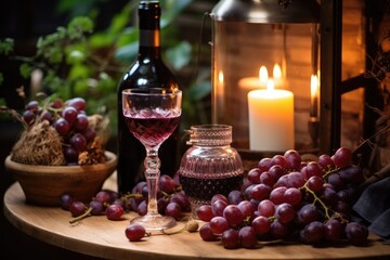 Carafe of red wine and ripe grapes on table in vineyard. Generative AI