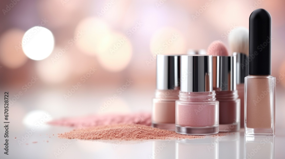 Wall mural Makeup products on a table with bokeh effect, AI