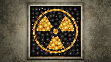 3d rendering of the radiation sign, which is formed by a multitude of scattered balls. A picture of radiation, a sign warning of danger.