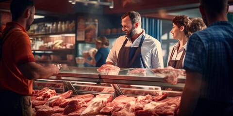 a vendor displaying various cuts of meat and interacting with customers