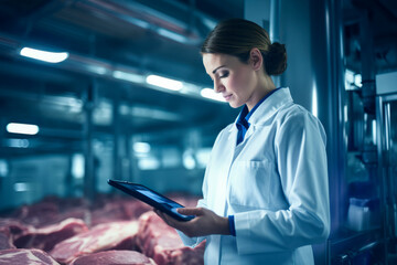 an inspector in a meat processing plant examining the quality of the meat
