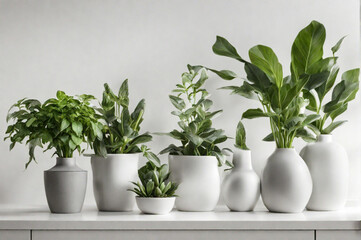 Different beautiful indoor plants in room, space for text. House decoration. White background. Generative AI