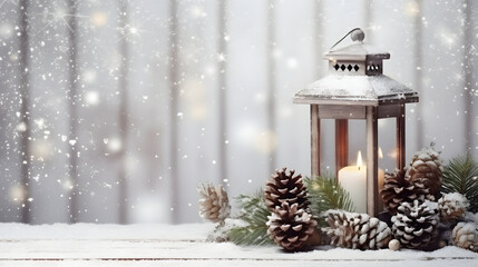 Lantern with burning candle, pine cones and silver balls on wooden board surface covered with snow, abstract background with snowflakes and sparkling light. Horizontal composition.