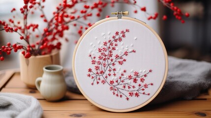 Winter cozy hobbies. Embroidery in a round hoop with a winter pattern and accessories for embroidery. Making Christmas gifts. The process of hand embroidery with a long stitch on a winter theme. - obrazy, fototapety, plakaty