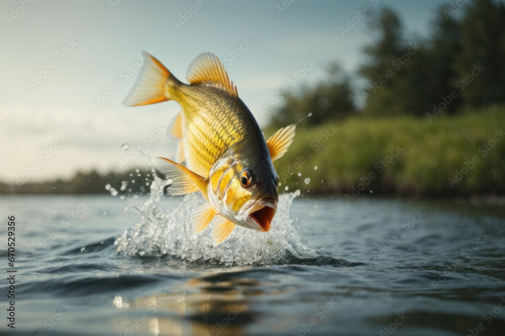 Wall mural Freshwater fish perch jumps out of the water. Fishing concept. Background with selective focus. Fishing trophy - large freshwater perch in the water on a green background.