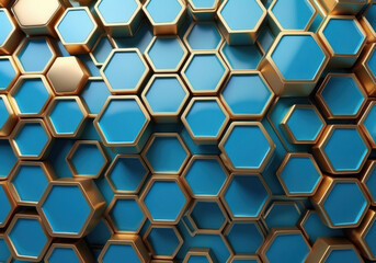 Abstract futuristic luxurious digital geometric technology hexagon background banner illustration 3d - Gold turquoise blue hexagonal 3d shape texture wall  