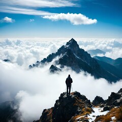 A man on top of a mountain with only clouds around him
