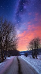 Snow-Covered Trees Embracing Colorful Sunrise with Milky Way's Glow