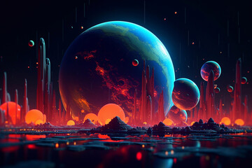  Neon planets of space. Fantastic space. Planets of the solar system. - obrazy, fototapety, plakaty