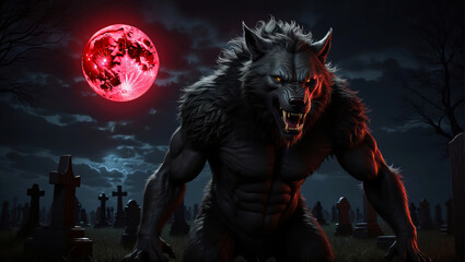 A werewolf in a cemetery at night with the blood moon in the background. - obrazy, fototapety, plakaty