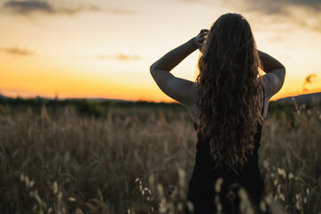 A beautiful girl in the  summer sunset fields