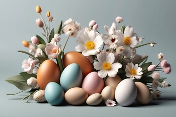 Realistic Easter greeting card, banner with flowers, Easter eggs and and flowers with copy space. Generative Ai.