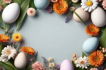 Naklejka na ściany i meble Realistic Easter greeting card, banner with flowers, Easter eggs and and flowers with copy space. Generative Ai.