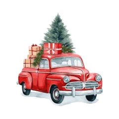 Foto auf Leinwand Red retro car with gift box and christmas tree on top and snow watercolor paint for holiday greeting card design © Oleksiy