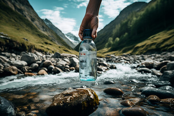 Human hand filling up waterbottle in natural mountain river, on a hike through the mountains