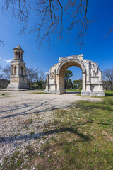 Fototapeta na wymiar Mausoleum of Glanum, Glanum archaeological site near Saint-Remy-de-Provence, Provence, France