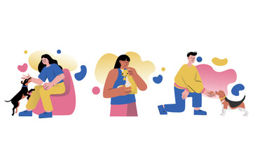 Set concept Mental health with people scene in the flat cartoon style. Young people play with their pets because it is fun. Vector illustration.
