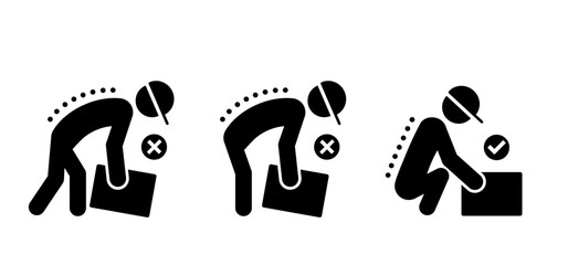 Correct object lifting icon. Stick figure person lifting heavy or picking up big box, showing correct and incorrect posture. Incorrect standing or safe work posture or attitude.
