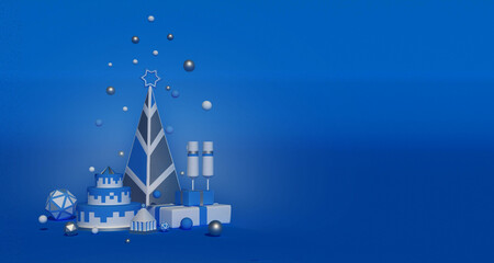 hristmas composition of a Christmas tree, two glasses, balloons, cake and gifts of silver,white and blue color on a blue background 3 d render in the style of minimalism cubism